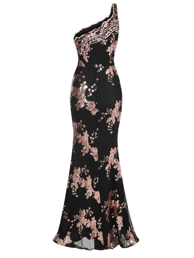 1930s One Shoulder Sequined Floral Slit Dress