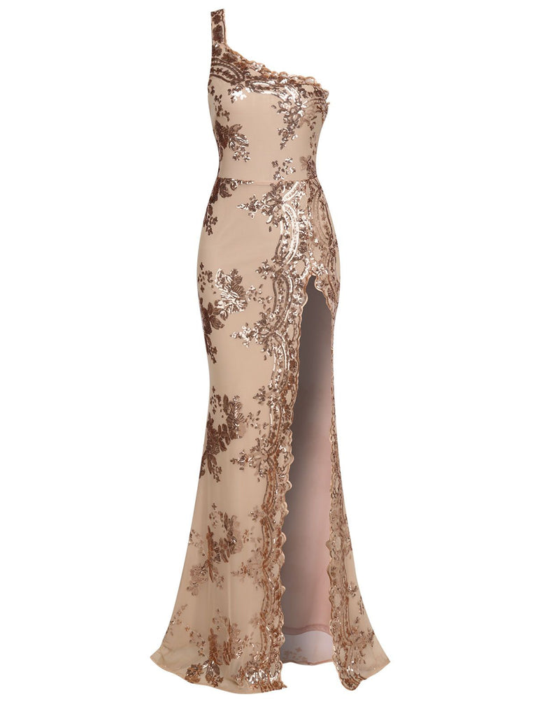 1930s One Shoulder Sequined Floral Slit Dress