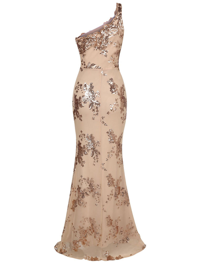 1930s One Shoulder Sequined Floral Slit Dress