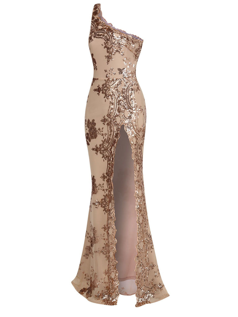 1930s One Shoulder Sequined Floral Slit Dress