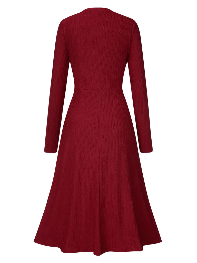 1940s V-Neck Wrap Waist A-Line Midi Dress