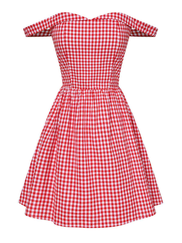 Red 1950s Plaid Off-Shoulder Swing Dress