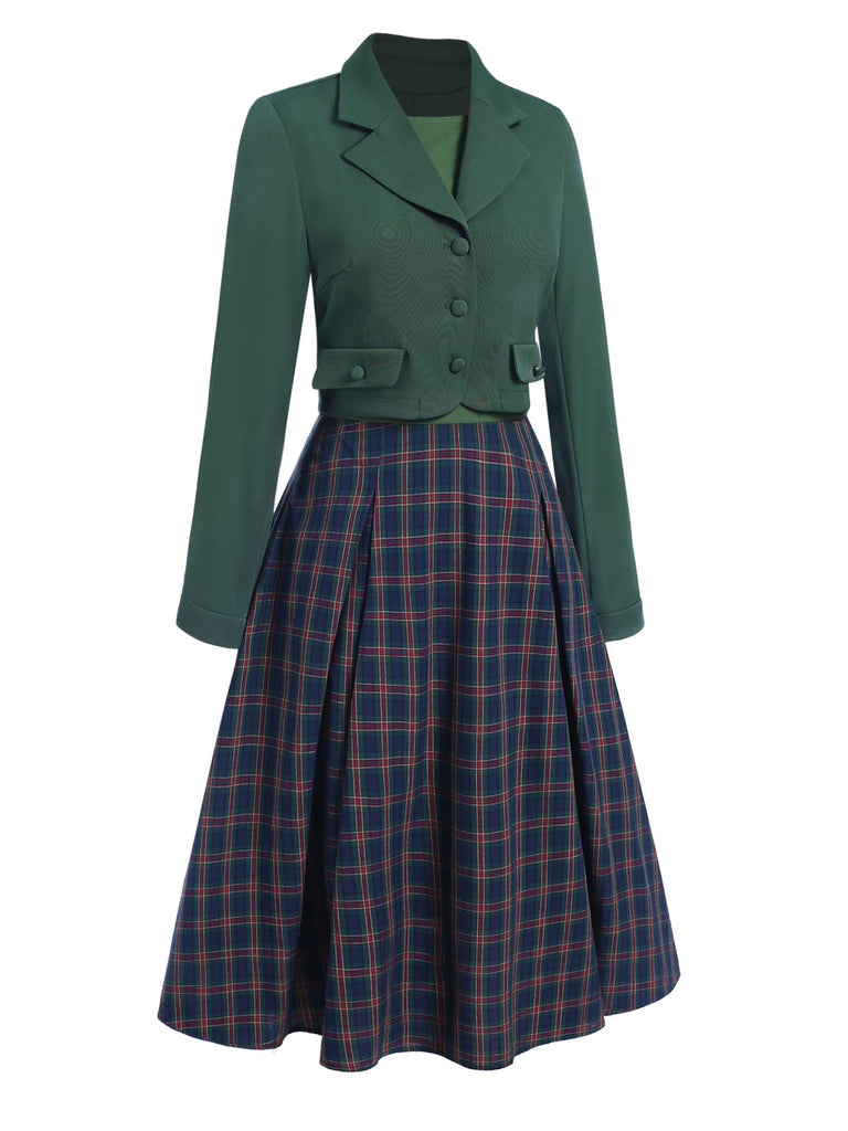 [Pre-Sale] 2PCS Green 1940s Lapel Button Blazer & Plaids Dress