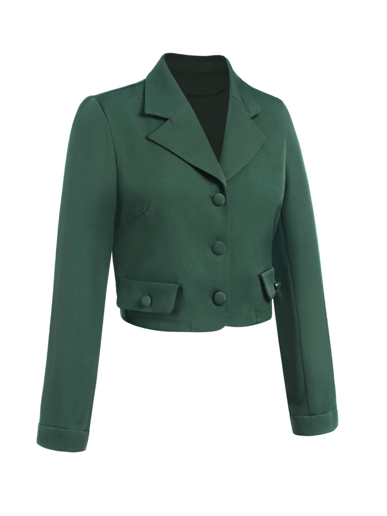 [Pre-Sale] Dark Green 1940s Lapel Button Cropped Blazer