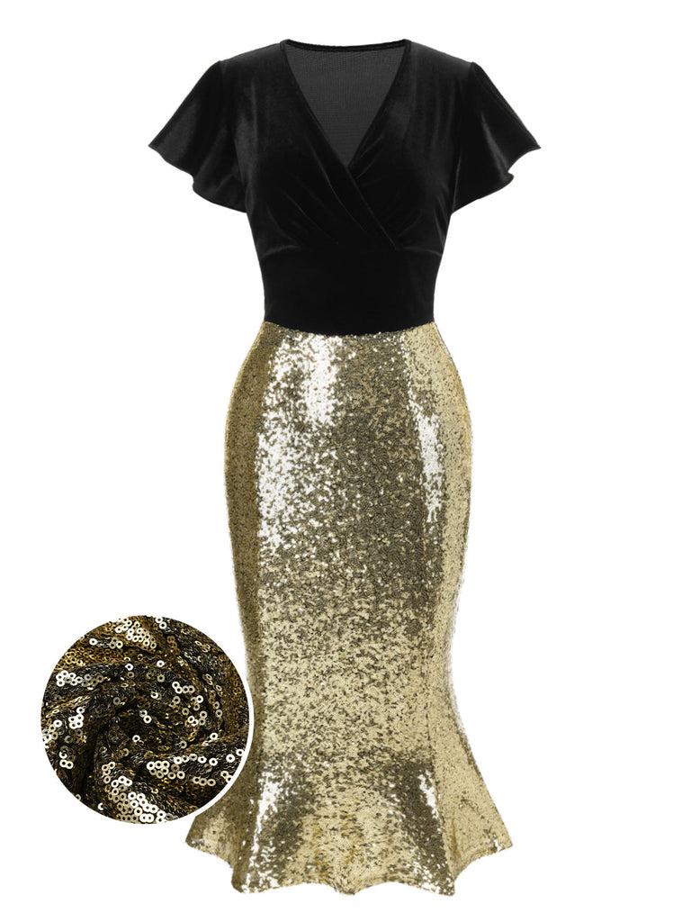 [Pre-Sale] 1930s V-Neck Velvet Sequins Ruffle Mermaid Dress