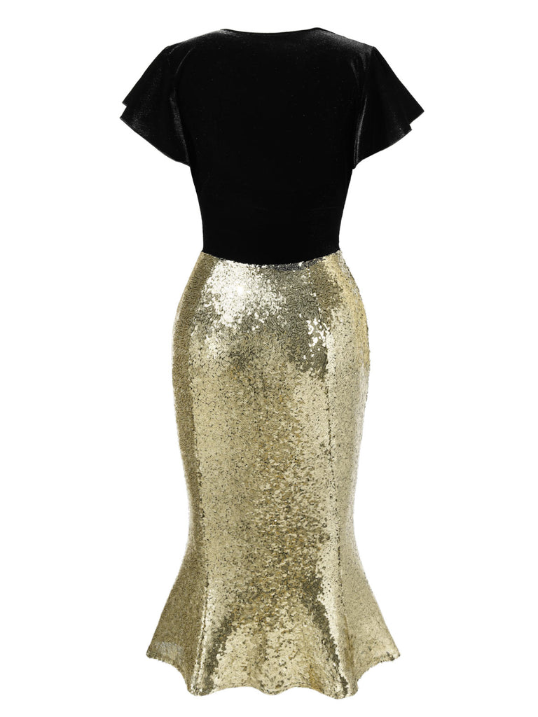 [Pre-Sale] 1930s V-Neck Velvet Sequins Ruffle Mermaid Dress