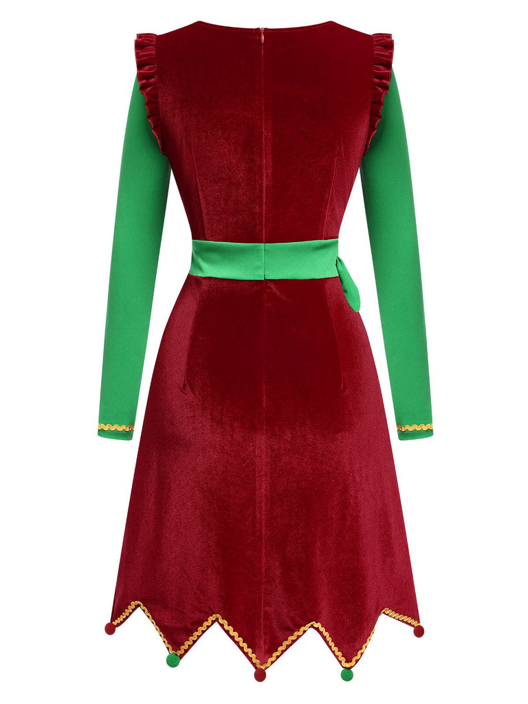 [Pre-Sale] Red 1960s Christmas Wave Hem Contrast Dress