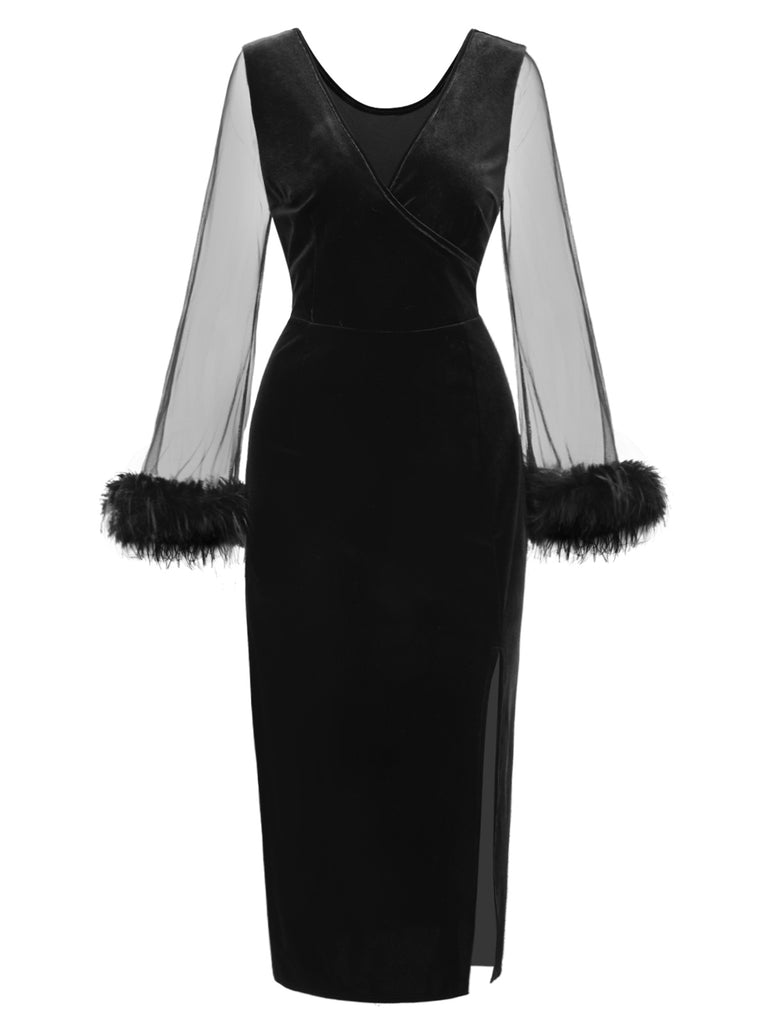 [Pre-Sale] Black 1960s Feather Cuffs Side Slit Velvet Dress