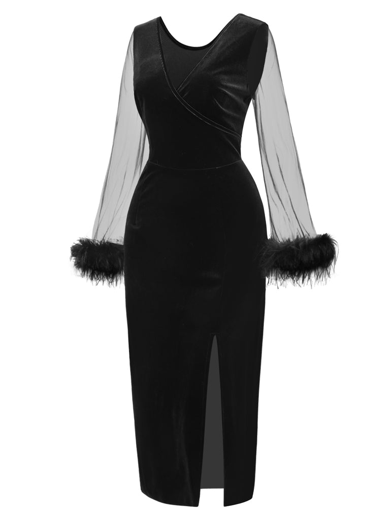 [Pre-Sale] Black 1960s Feather Cuffs Side Slit Velvet Dress