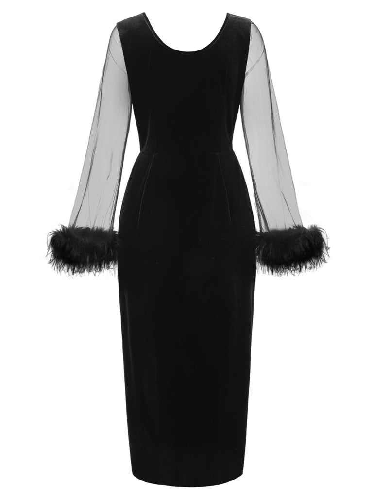 [Pre-Sale] Black 1960s Feather Cuffs Side Slit Velvet Dress