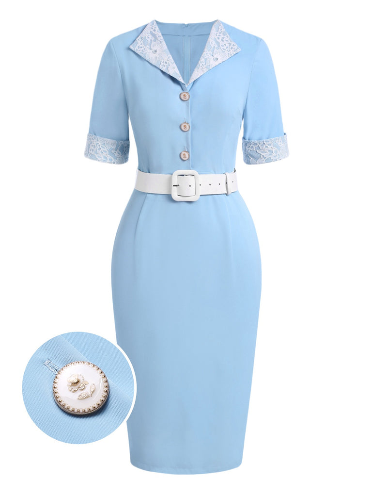 [Pre-Sale] Blue 1960s Lace Rolled Sleeve Pencil Dress