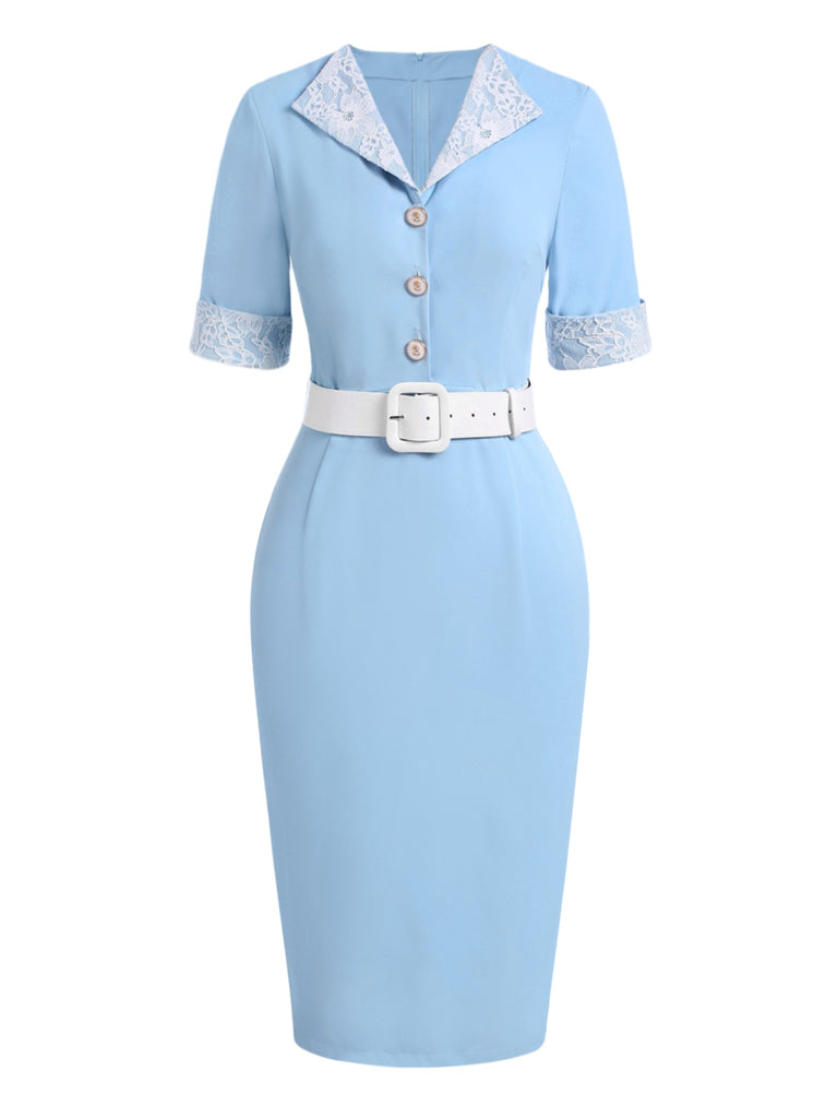 [Pre-Sale] Blue 1960s Lace Rolled Sleeve Pencil Dress