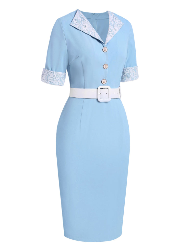 [Pre-Sale] Blue 1960s Lace Rolled Sleeve Pencil Dress