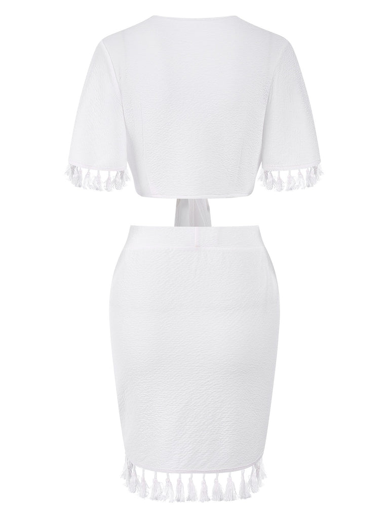 2PCS White 1960s Solid Tassels Bind Top & Pencil Skirt