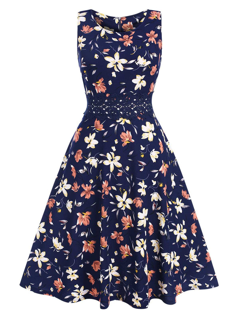 Deep Blue 1940s Floral Sleeveless Dress