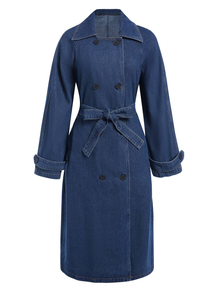 Blue 1950s Solid Lapel Double Breasted Belted Denim Coat