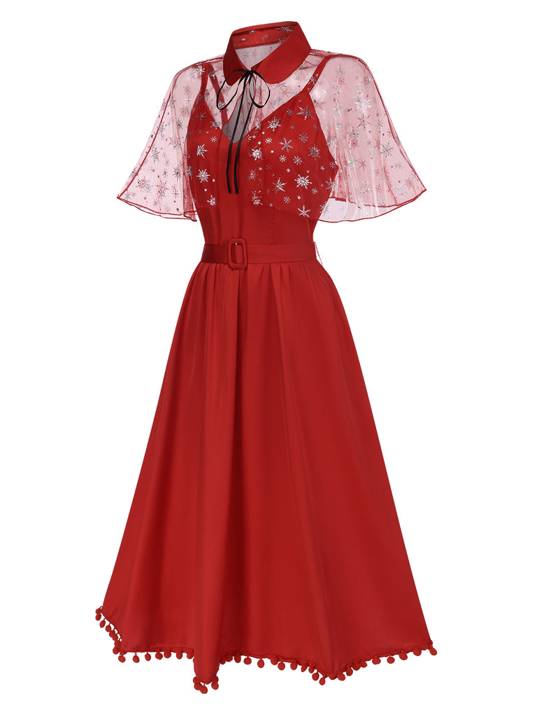 [Pre-Sale] Red 1950s Solid Suspender Belt Dress & Mesh Cloak Cape