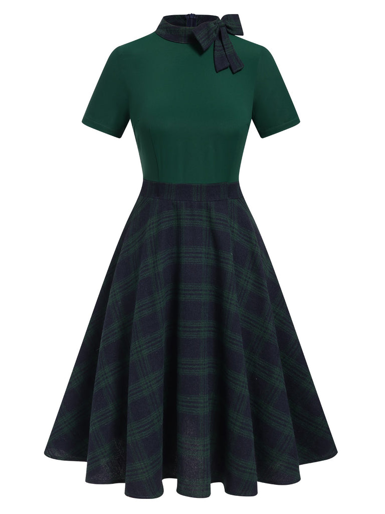 [Pre-Sale] Green 1950s Tie Neck Plaids Patchwork Dress