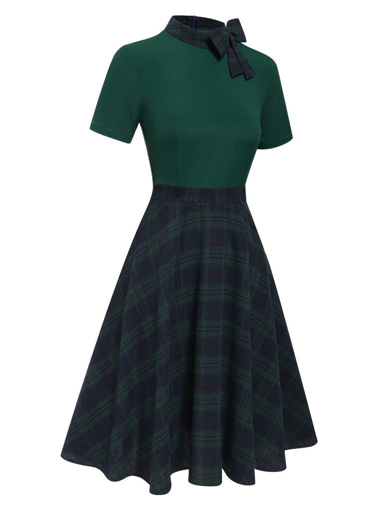 [Pre-Sale] Green 1950s Tie Neck Plaids Patchwork Dress