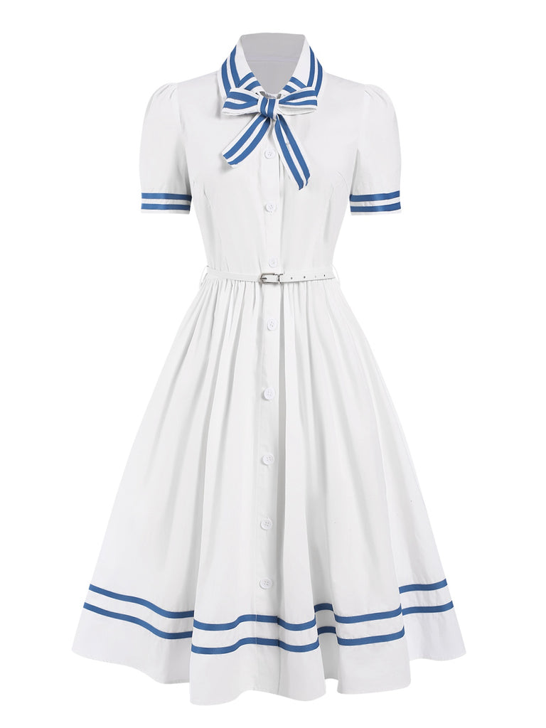 [Pre-Sale] White 1940s Striped Bow Lapel Dress