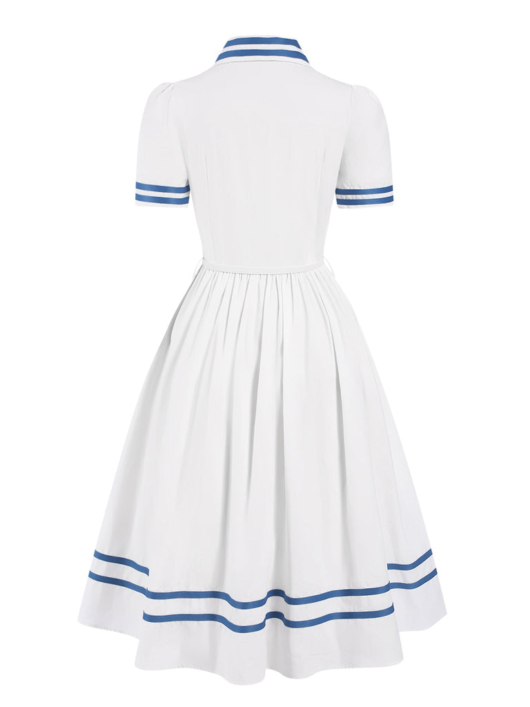 [Pre-Sale] White 1940s Striped Bow Lapel Dress