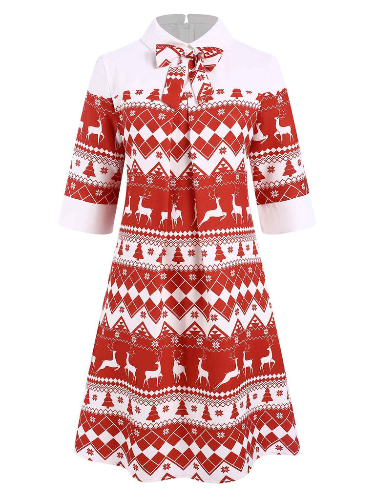 [Pre-Sale] Red 1960s Christmas Elk Bowknot Lapel Dress