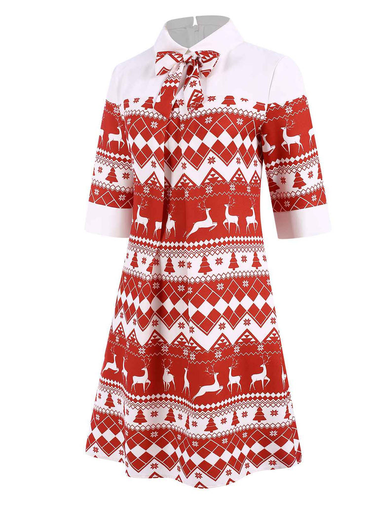 [Pre-Sale] Red 1960s Christmas Elk Bowknot Lapel Dress