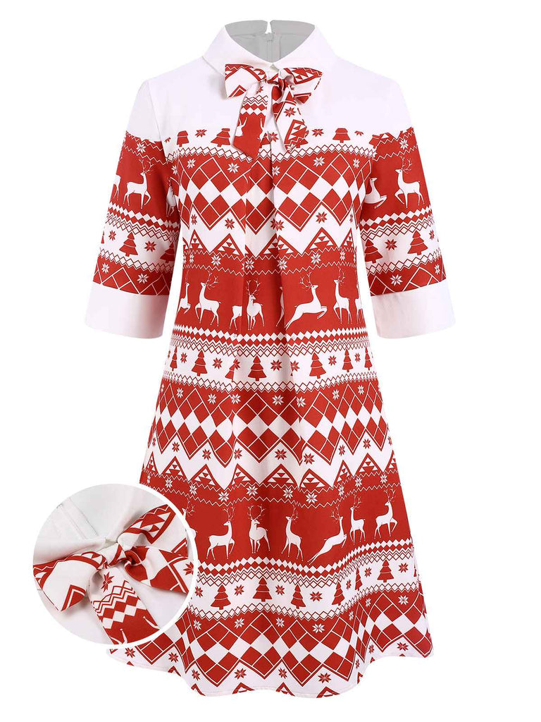 [Pre-Sale] Red 1960s Christmas Elk Bowknot Lapel Dress