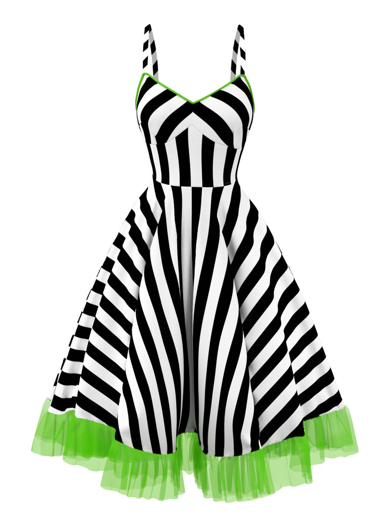 [Pre-Sale] Black&White 1950s Striped Fluorescent Green Lace Dress