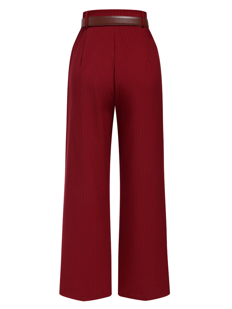 Deep Red 1950s Stripes Wide Leg Belted Pants