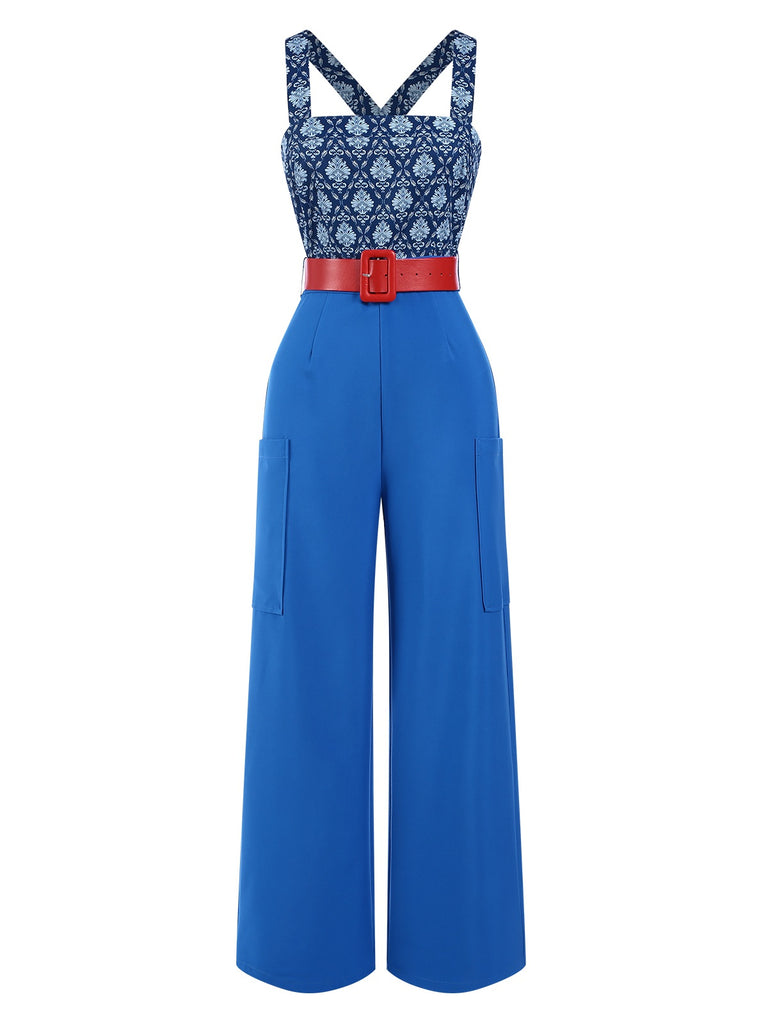 [Pre-Sale] Blue 1970s Baroque Pattern Pocket Jumpsuit