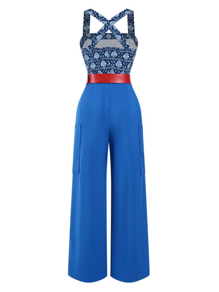 [Pre-Sale] Blue 1970s Baroque Pattern Pocket Jumpsuit