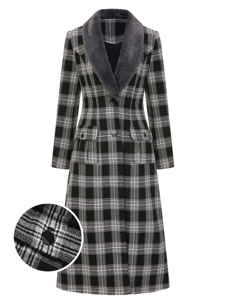 [Pre-Sale] Black 1950s Faux Fur Collar Plaid Coat