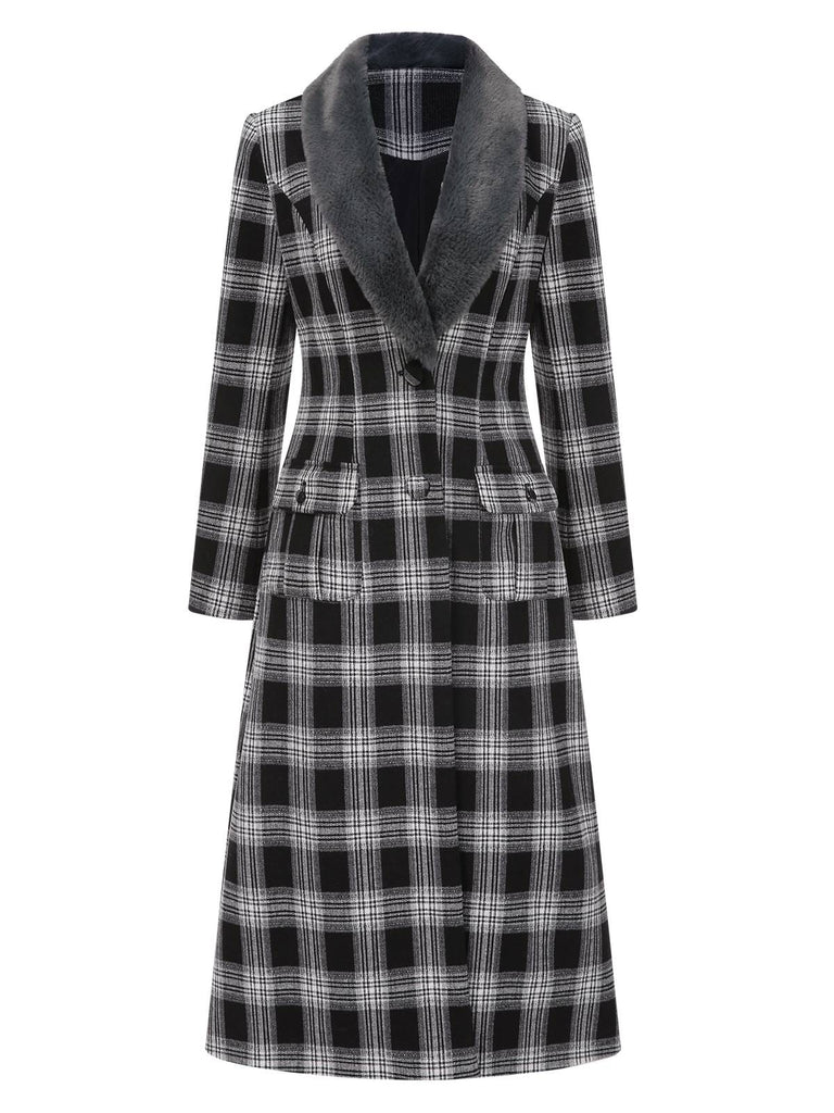 [Pre-Sale] Black 1950s Faux Fur Collar Plaid Coat