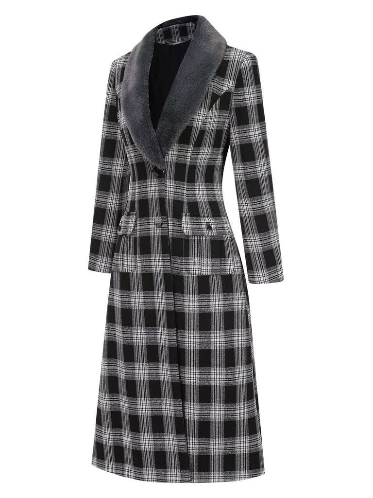 [Pre-Sale] Black 1950s Faux Fur Collar Plaid Coat