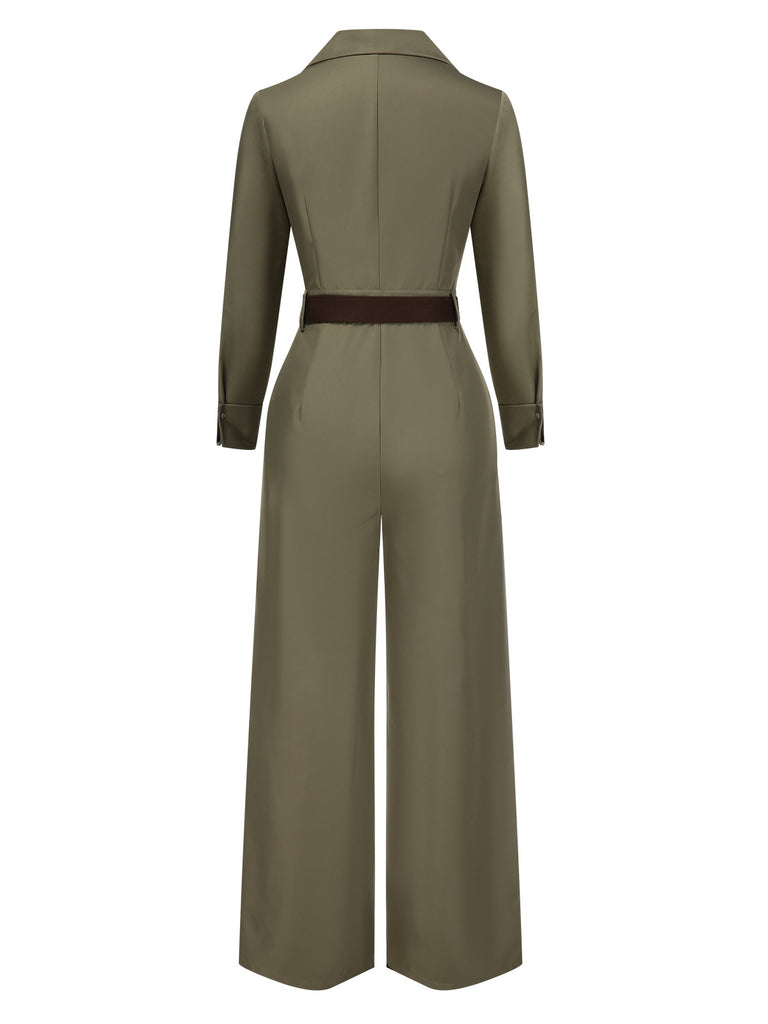 [Pre-Sale] Green 1930s Solid Lapel Belted Jumpsuit