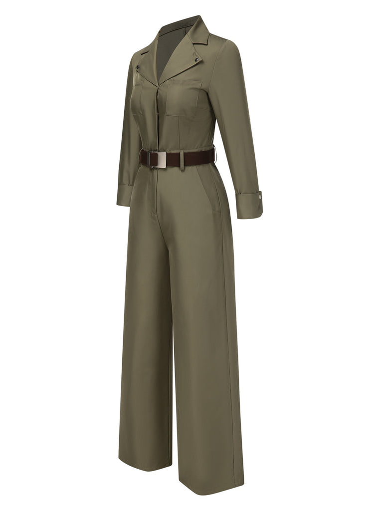 [Pre-Sale] Green 1930s Solid Lapel Belted Jumpsuit