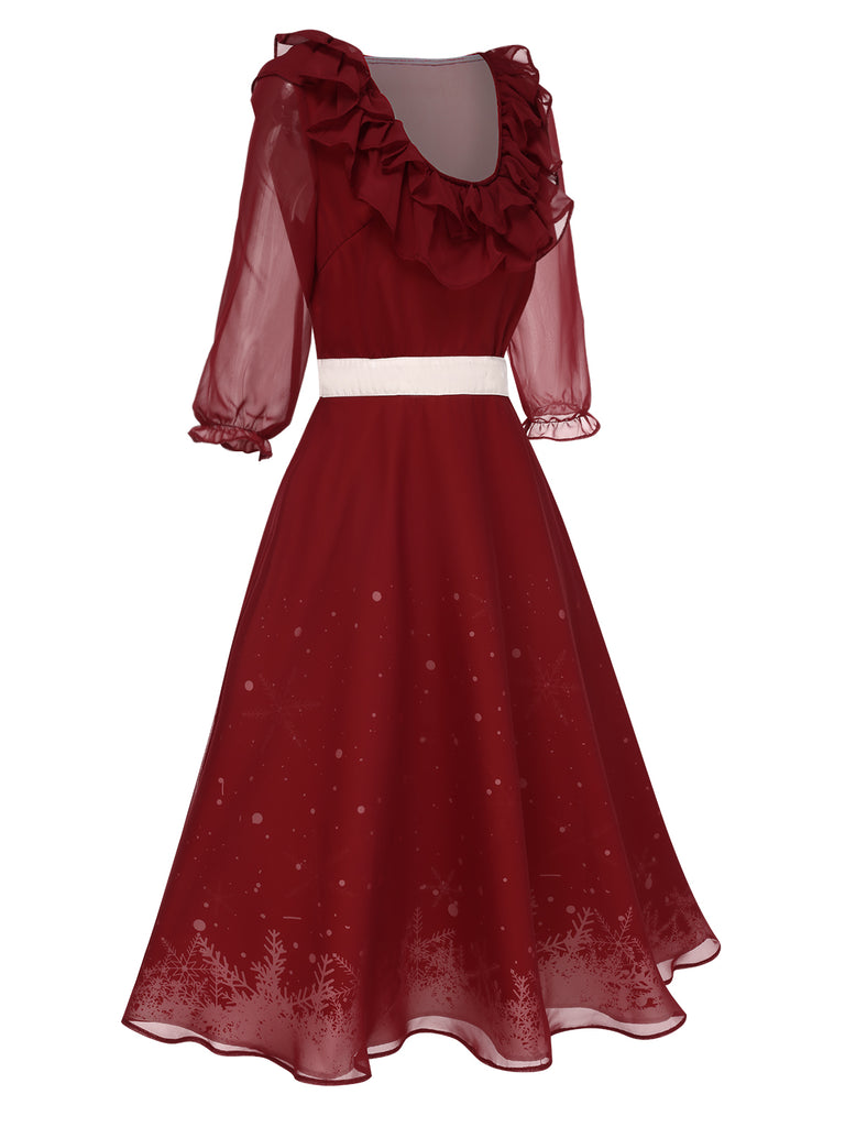 [Pre-Sale] Red 1940s Double Ruffle Snowflake Dress