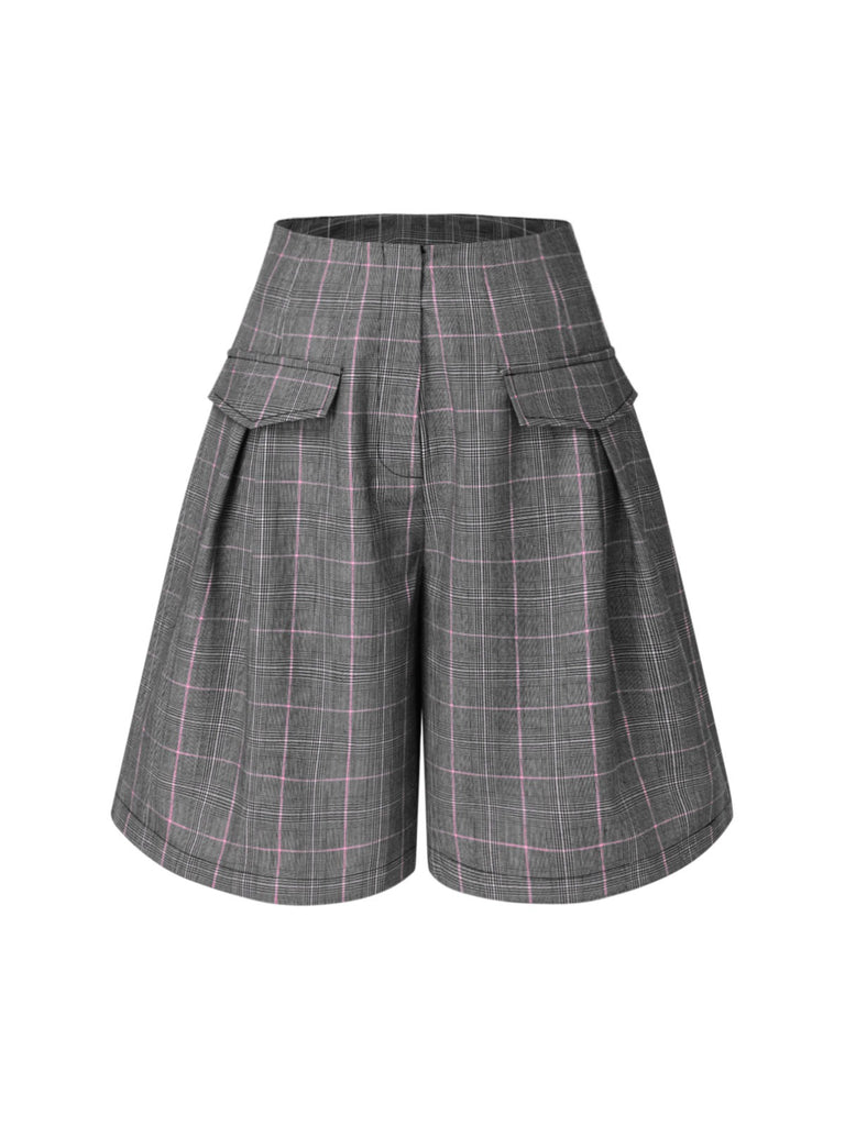 [Pre-Sale] Gray 1950s Flap Pockets Glen Plaid Shorts