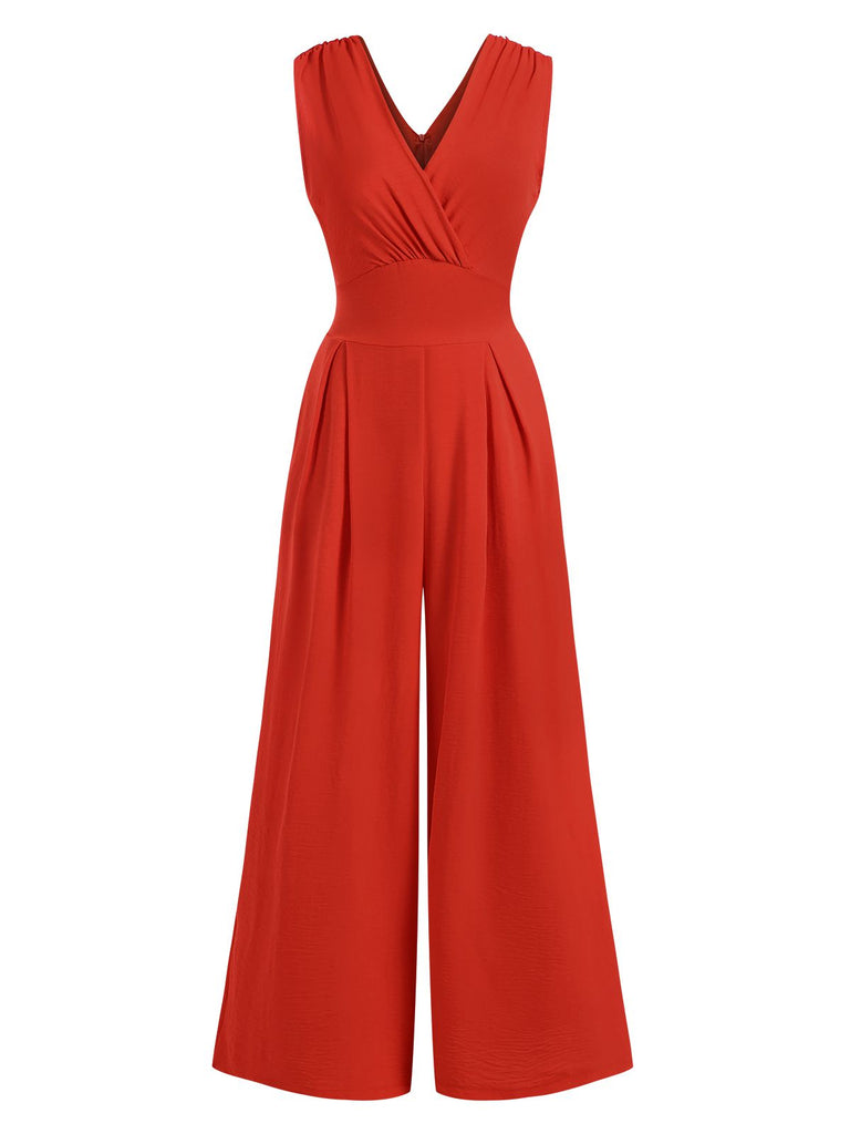 Red 1960s V-Neck Sleeveless Wide Leg Jumpsuit