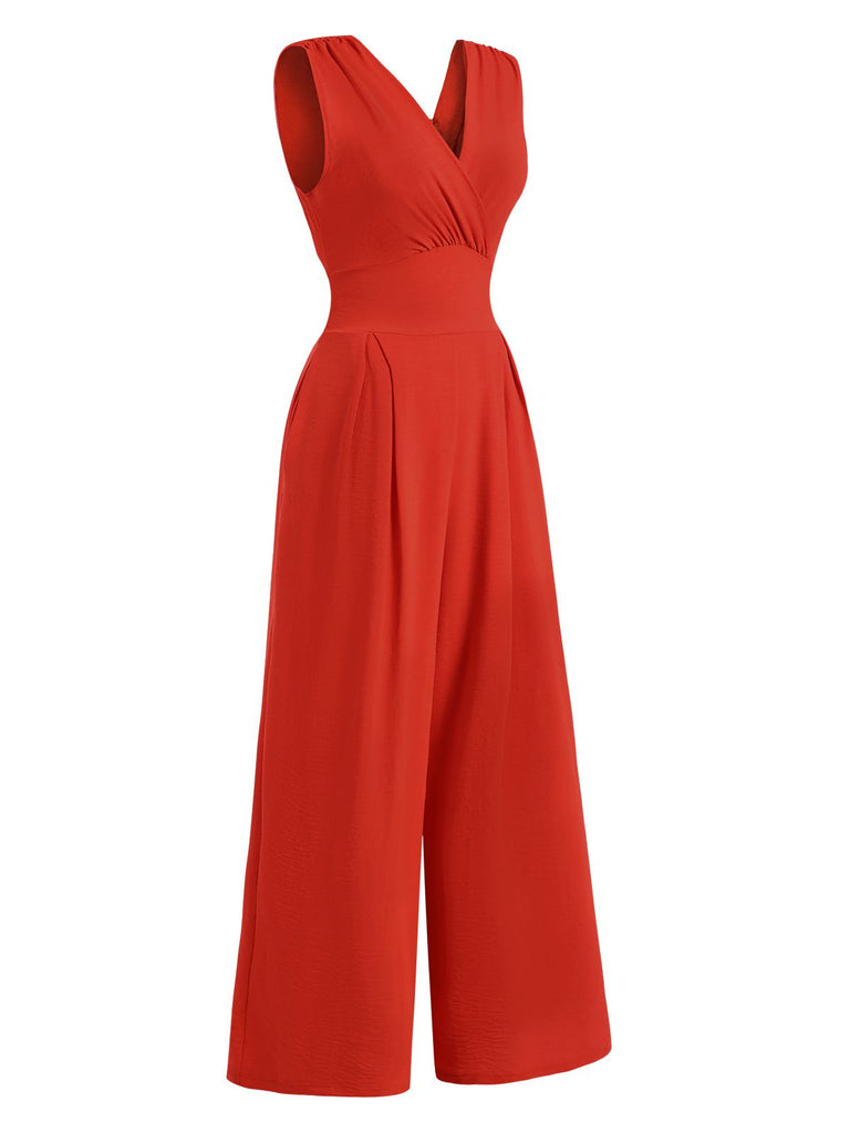 Red 1960s V-Neck Sleeveless Wide Leg Jumpsuit