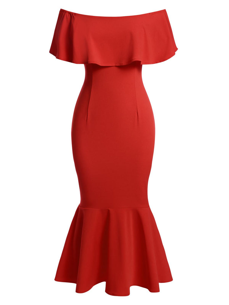 Red 1930s Off-Shoulder Ruffles Mermaid Dress