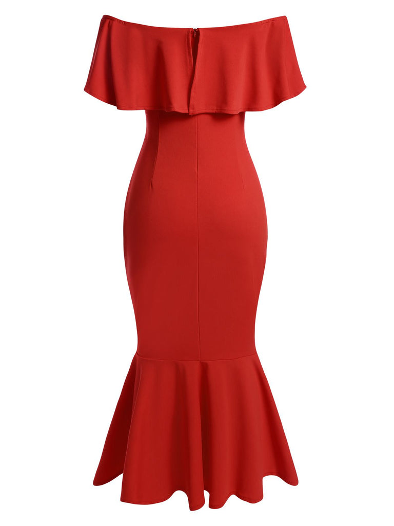 Red 1930s Off-Shoulder Ruffles Mermaid Dress