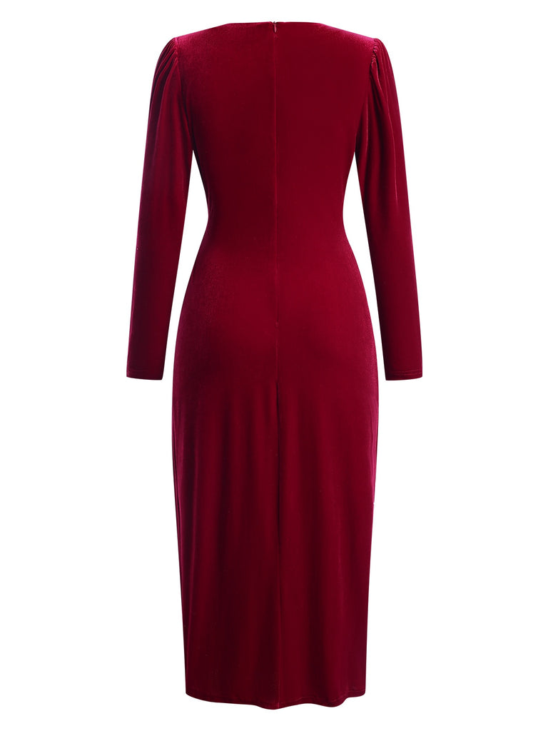 1960s Solid Twist V-Neck Velvet Dress