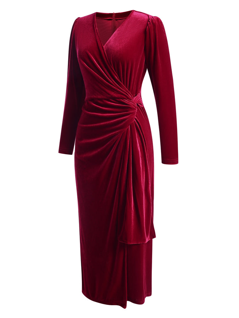 1960s Solid Twist V-Neck Velvet Dress