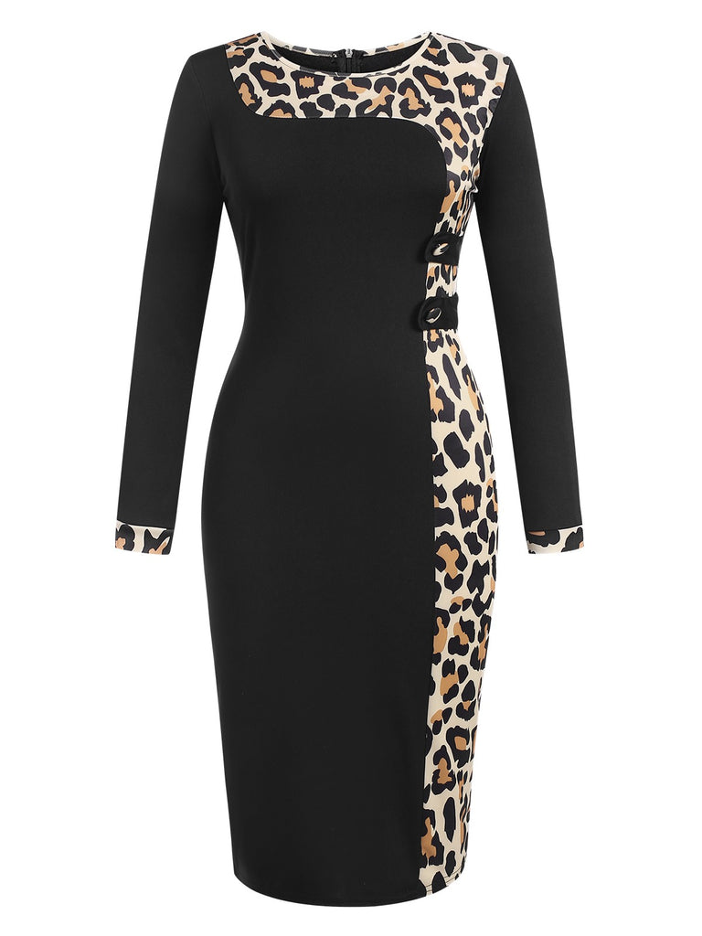 Black 1960s Leopard Patchwork Pencil Dress