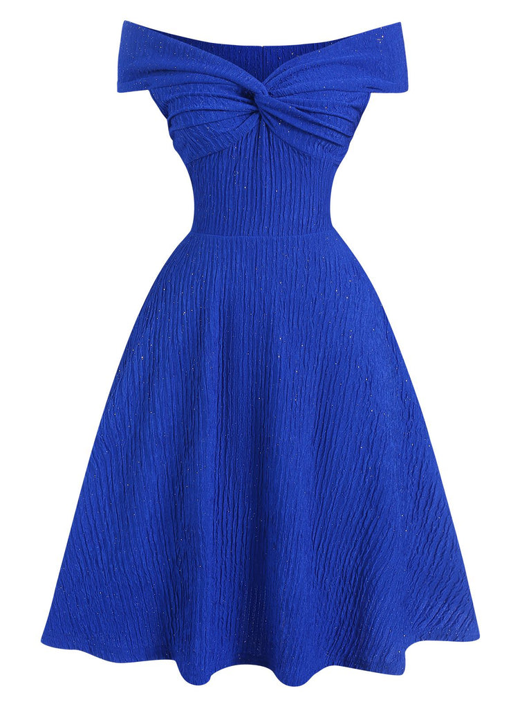 Blue 1950s Solid Off-Shoulder Dress