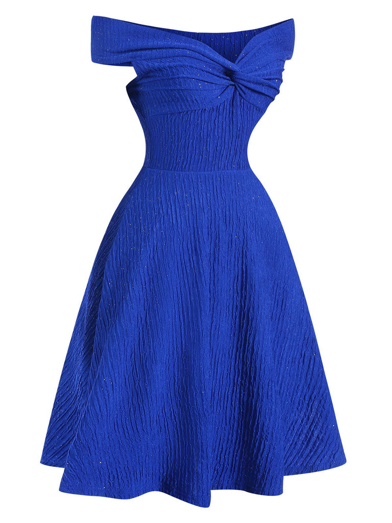 Blue 1950s Solid Off-Shoulder Dress