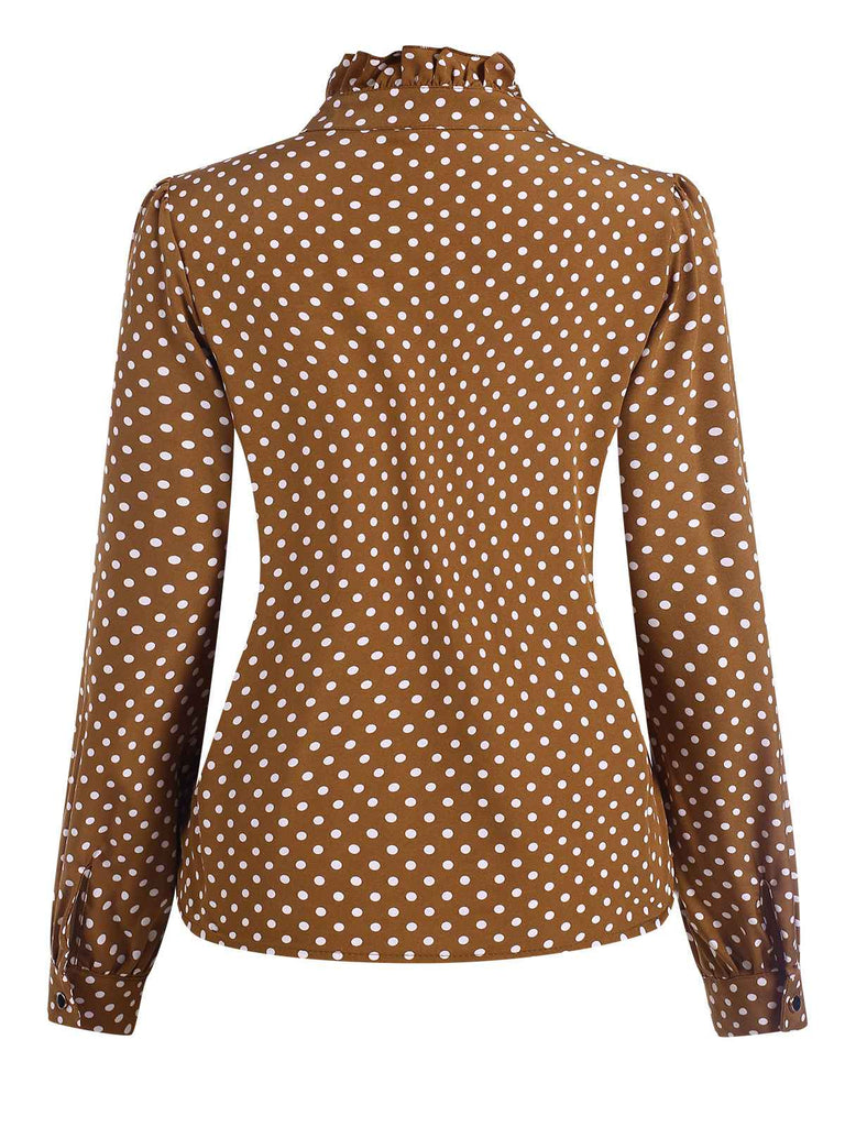 Brown 1950s Dots Ruffle Stand Collar Blouse