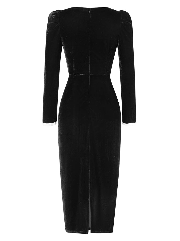 Black 1960s Solid Square Neck Velvet Dress